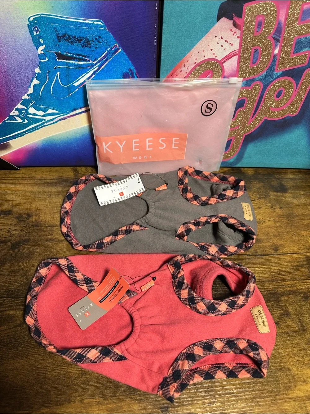 2pc KYEESE fleece dog sweaters featuring plaid trim and button details